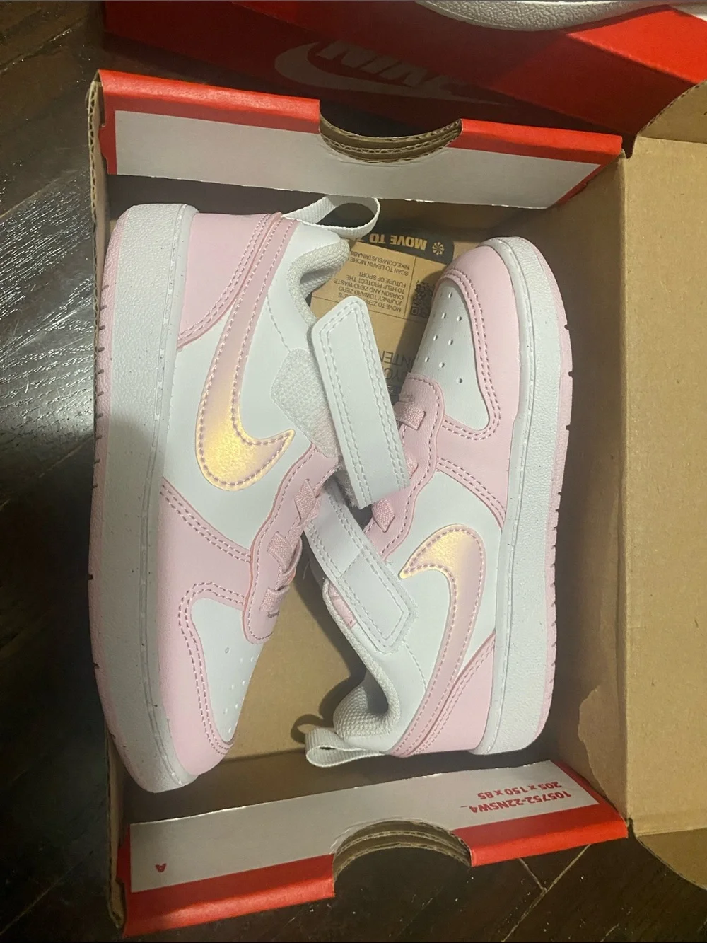 Nike Kids White and Light Pink Velcro Sneakers with Iridescent Swoosh